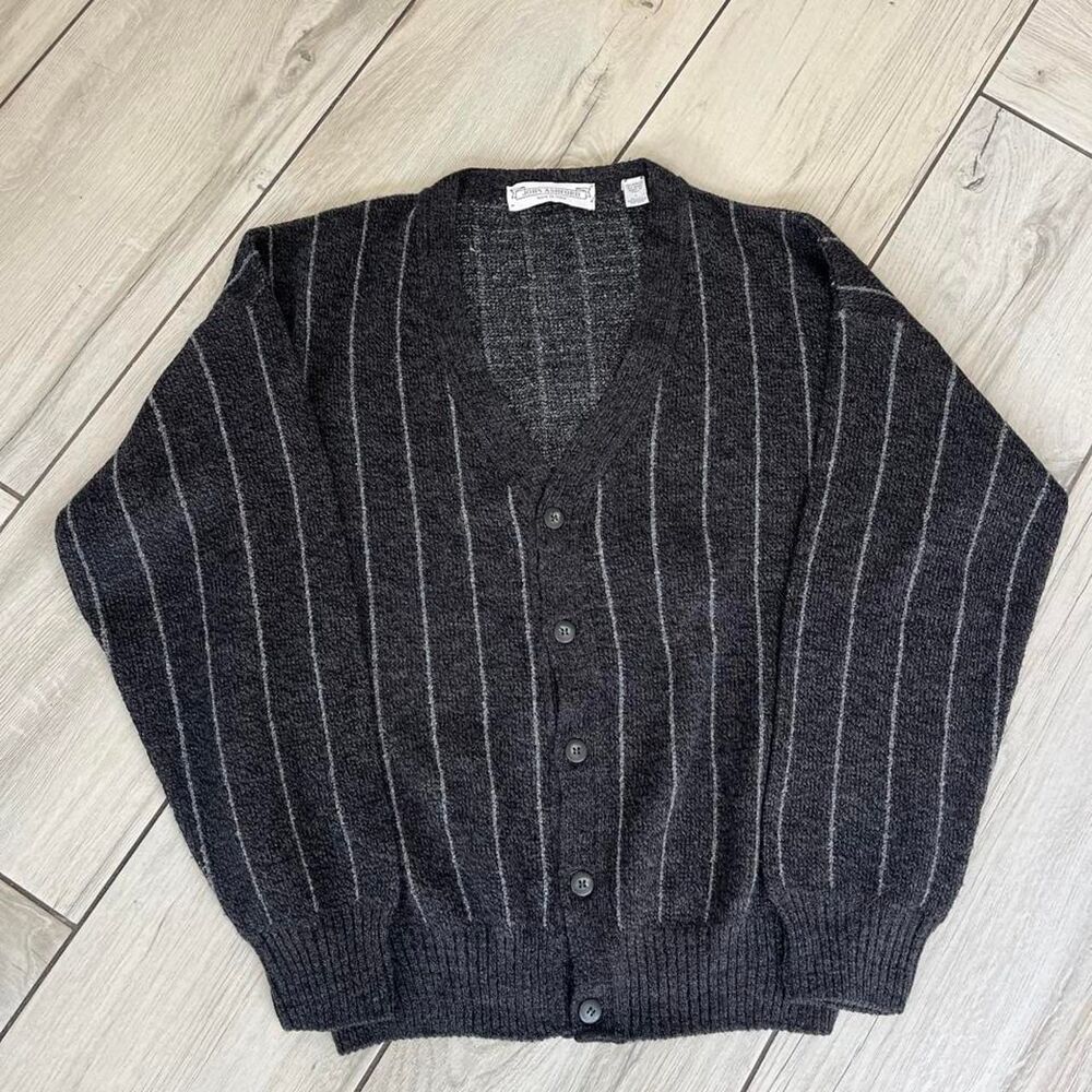 John Ashford Vintage Men's Grey and Black Pinstriped Cardigan